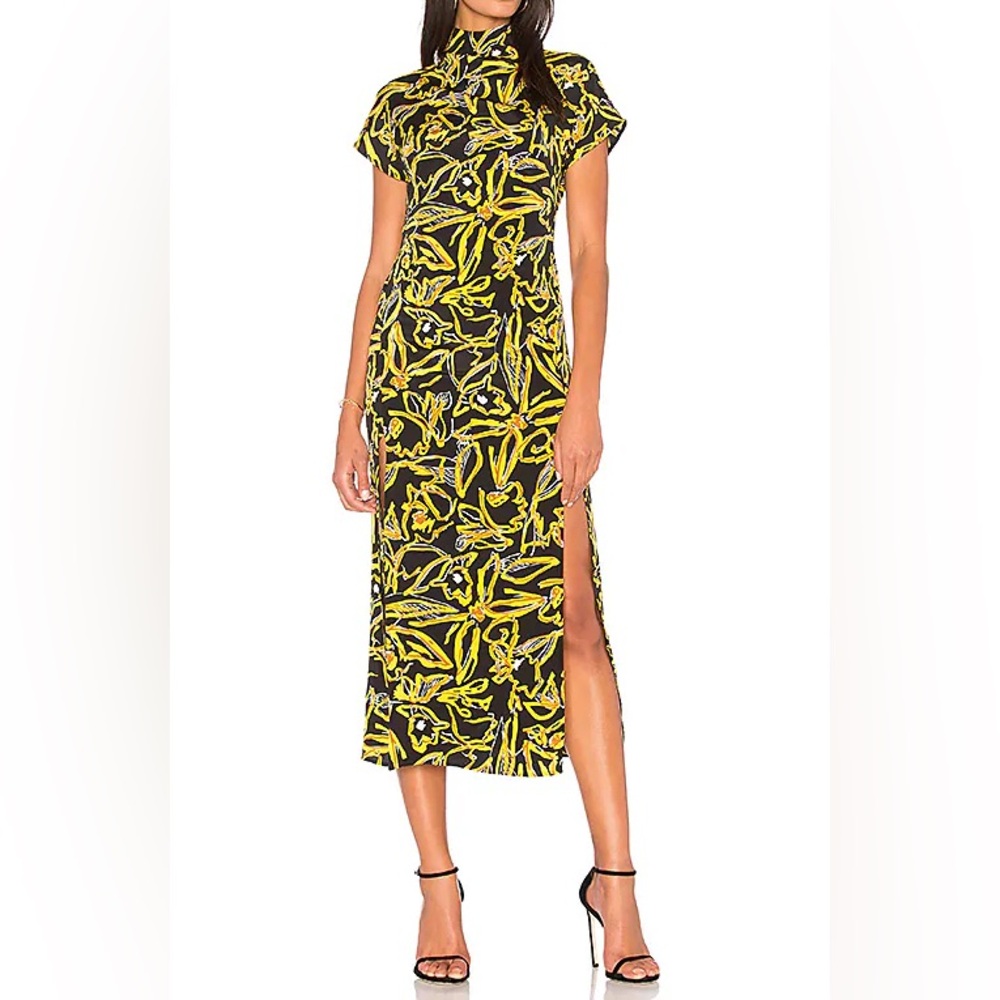 🐝 Diane Von Furstenberg Side Slit Black and Yellow Midi Dress, Size 2